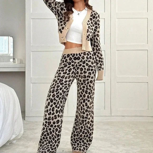 Multicolor Casual Women's Knit Sweater & Wide Leg Leopard Print Pants Set - Picture 2 of 7